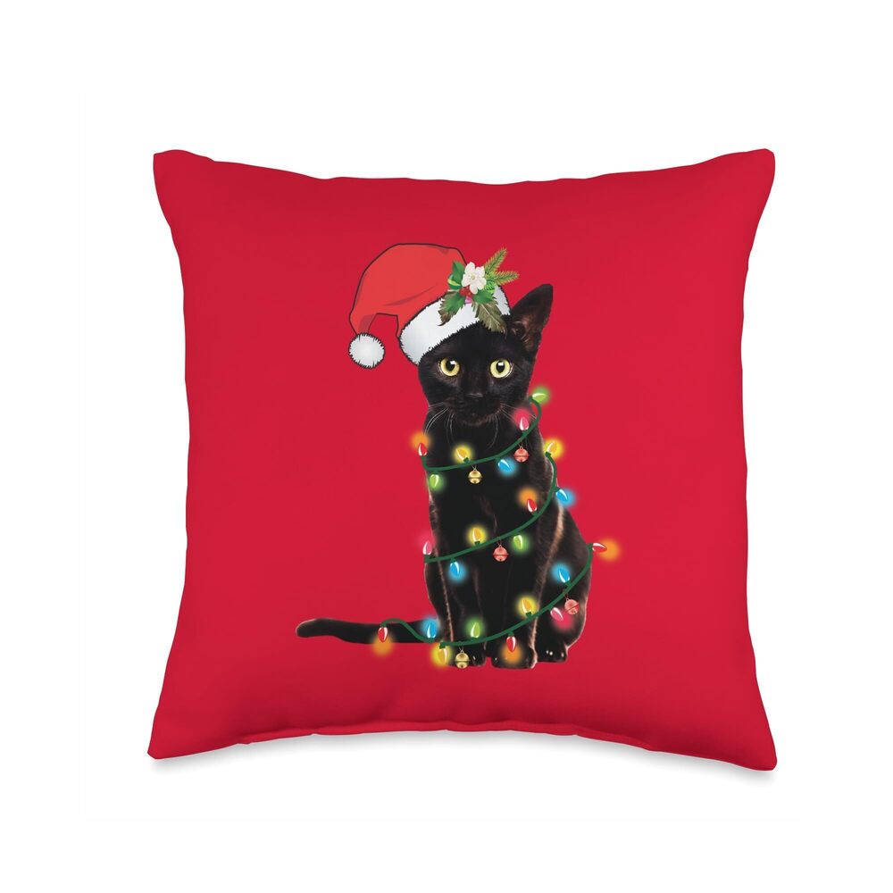 8877 Santa Black Cat Tangled Up In Christmas Tree Lights Holiday Throw